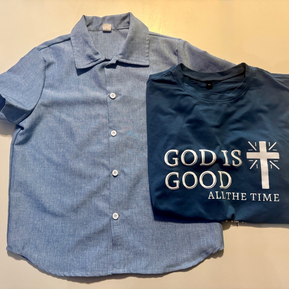 2 Pack Kids Blue Button-Up Shirt & Navy Graphic Tee Set - God Is Good